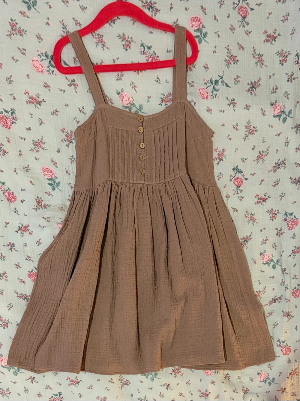 Girls' Tan Button-Front Cotton Sundress with Pleated Bodice